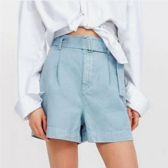 Zara Pants - Zara Light Blue High Waist Belted Paperbag Shorts Size XS Summer Mom-waist